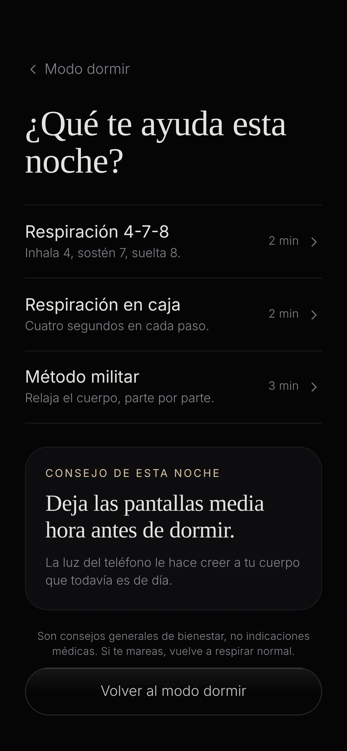 Consejos: tres respiraciones guiadas y el consejo de la noche.
